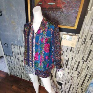 John Mark Womens XL Blue Multi Print Button Front Top Blouse X Large 0463